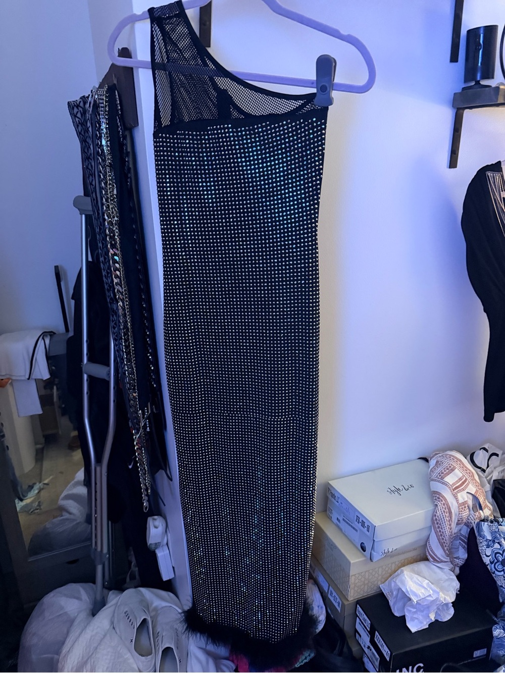 One-Shoulder Black Rhinestone Bodycon Dress - Picture 7 of 7